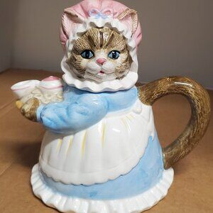 Teapot Brown Tiger Cat Kitty Blue Pink Maid Outfit Serving Tea & Doughnuts